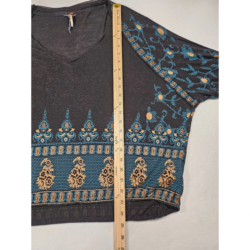 Free People Womens Boho Paisley Border Print V-Neck Linen Blend Top Black Medium